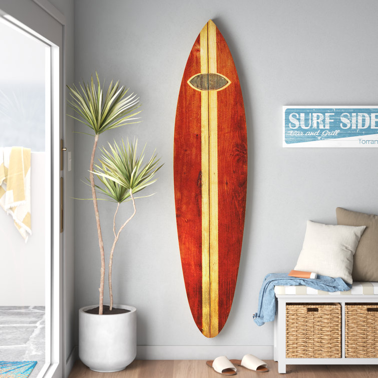 Wooden surfboard store wall decor